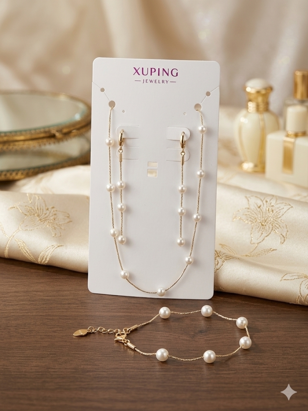 Xuping Pearl Drop Necklace & Bracelet Set in Gold